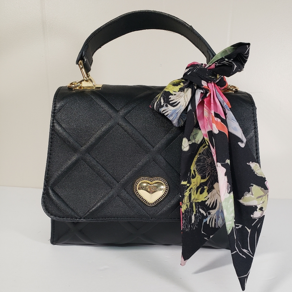 Betsey Johnson XO Mandy Obsidian Black Top Handle Rose Floral Scarf Satchel Bag